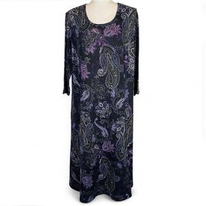Y2K National Plus Size 1X Pasley Dress Black Purple 3/4 Sleeve Midi Length